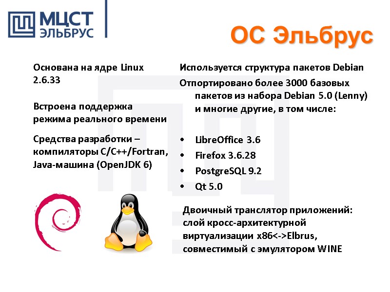 ОС Эльбрус Используется структура пакетов Debian Отпортировано более 3000 базовых пакетов из набора Debian